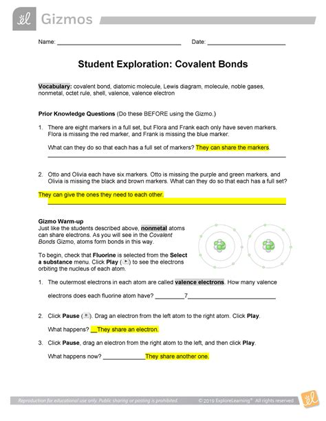 Covalent bonds occur when electrons are shared by one or more atoms. . Gizmo covalent bonds assessment answers